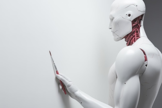 Robot antropomorfo bianco con pennello artistico in mano su sfondo bianco con spazio per la copia Concetto di intelligenza artificiale digitale