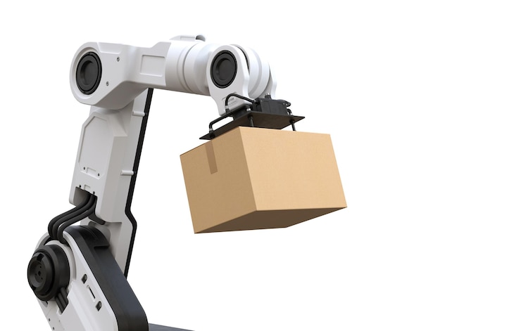 Photo robot arm lifting a cardboard box on white background