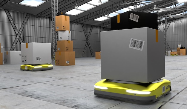 Robot autonomi che spostano i pacchi nell'illustrazione 3D del magazzino