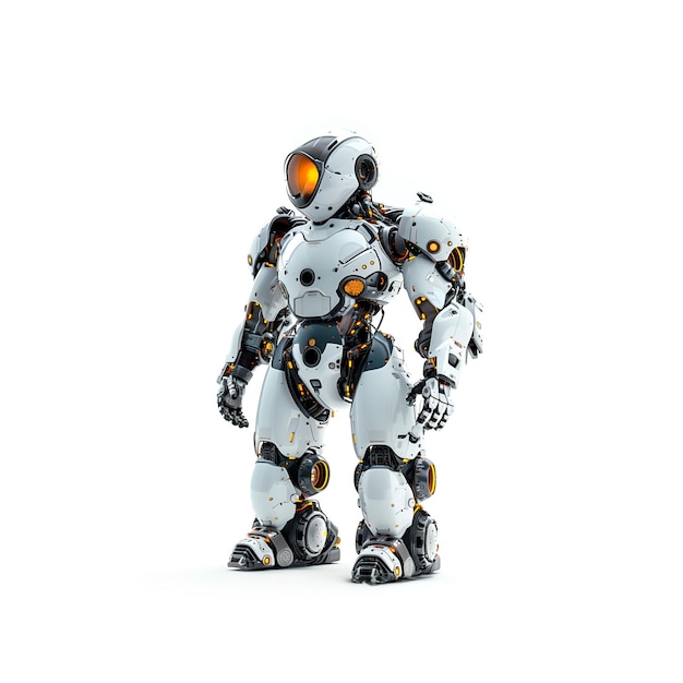 Robot bianco con occhi arancione in piedi su superficie bianca AI generativa