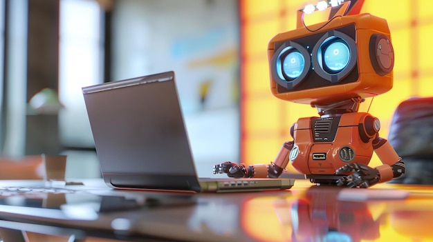 robot carino che lavora sul portatile