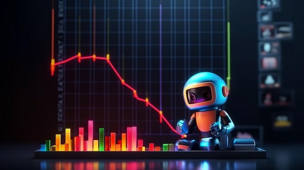 Robot che analizza il grafico del mercato azionario per la crescita aziendale e gli investimenti di intelligenza artificiale