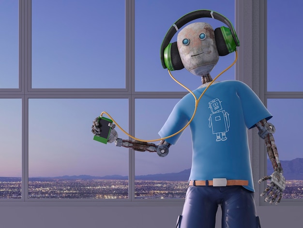 Robot che ascolta la musica con le cuffie, rendering 3d