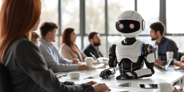 Robot che conduce una riunione con professionisti del mondo degli affari