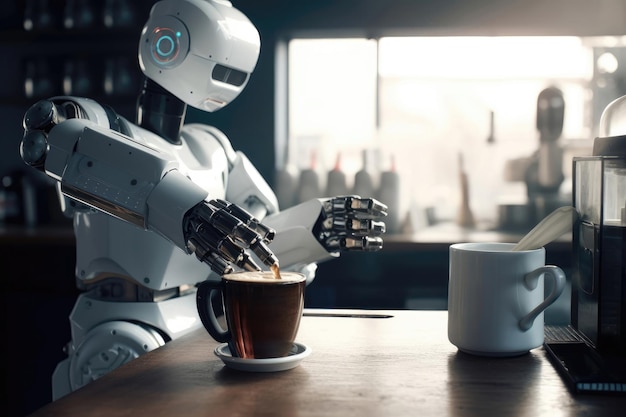 Robot che consegna il caffè a un cliente riconoscente Un bel robot versa il caffè dal dito IA generativa