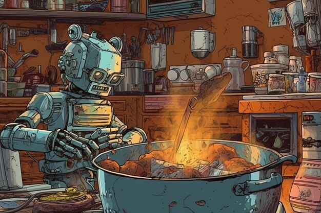 Robot che cucina in una cucina con una pentola di cibo.