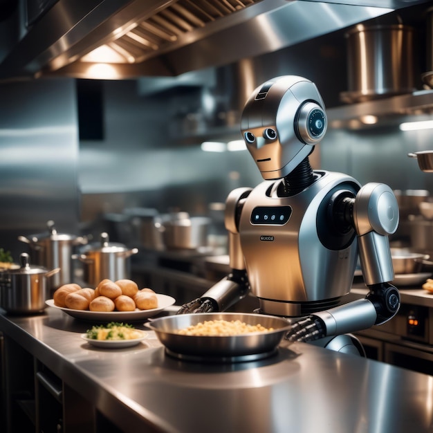 Robot che cucina in una cucina professionale in un ristorante