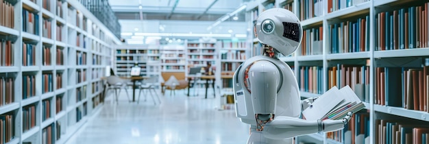 Robot che esplora una moderna biblioteca con scaffali per libri Sottolinea i progressi tecnologici nelle risorse educative e il ruolo dell'AI39 nell'apprendimento