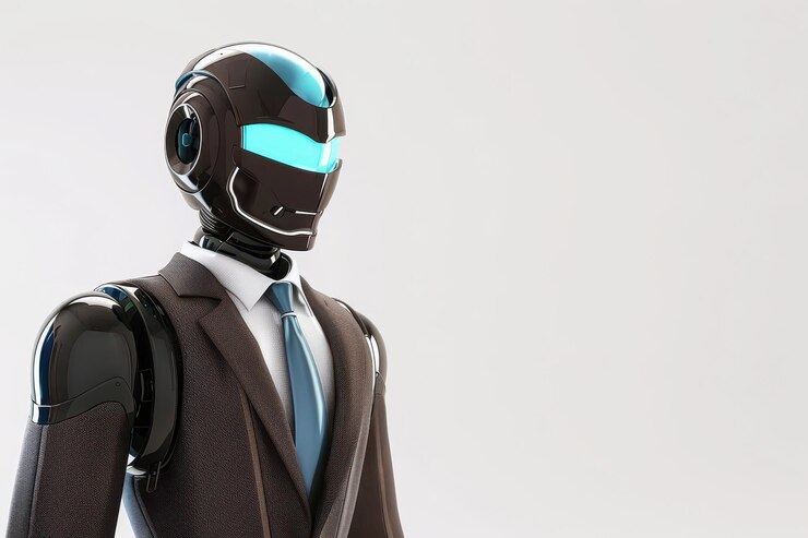 Robot che indossa un abito formale marrone su uno sfondo bianco