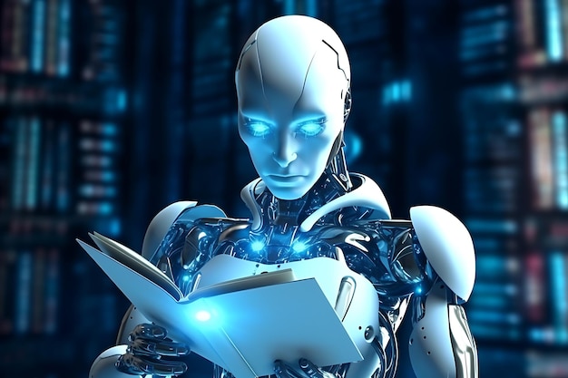 robot che legge un libro alla luce blu