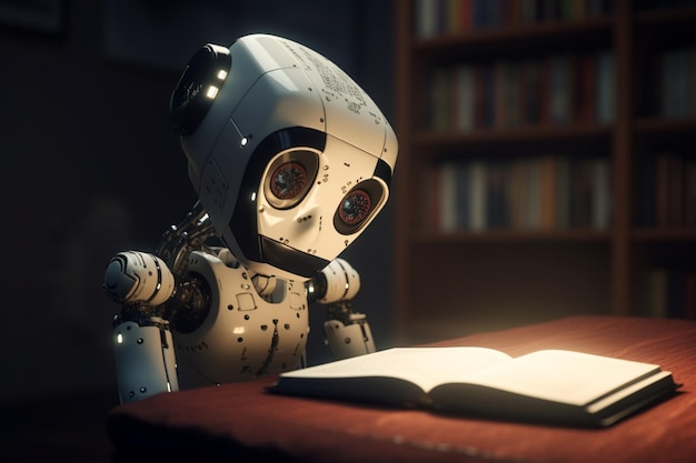Robot che legge un libro con un libro sullo sfondo