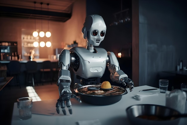 Robot che pulisce il cibo dal tavolo nel ristorante Intelligenza artificiale che aiuta le persone Concetto futuristico AI generato