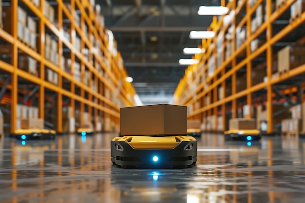 Robot che spostano scatole nel magazzino automazione e cibernetica concetto futuristico generativo ai