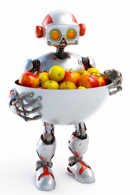 Robot che tiene in mano una ciotola di mele e guarda la telecamera IA generativa