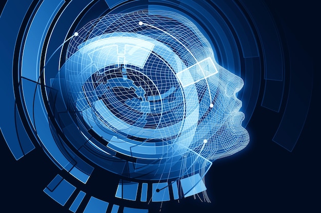 Robot con cervello blu digitale