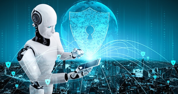 Robot con intelligenza artificiale che utilizza la sicurezza informatica per proteggere la privacy delle informazioni