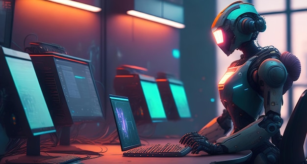 Robot con lavoro al computer in ufficio