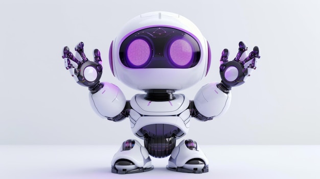 Robot con le mani alzate su uno sfondo viola Concept tecnologico rendering 3D