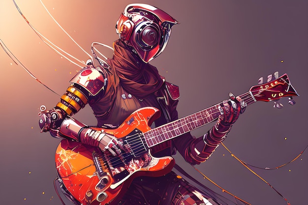 Robot con un'illustrazione a colori di chitarra IA generativa