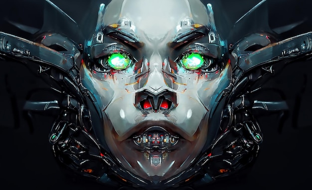 Robot cyborg donna umanoide viso cranio tecnologico cyborg testa femminile futuristico metallico fantascienza Fantastica illustrazione 3d