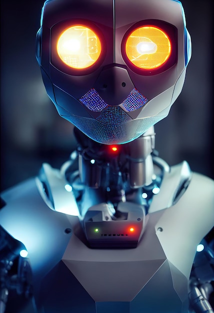 Robot cyborg maschio primo piano illuminato da luce cinematografica Illustrazione 3D di sfondo dell'intelligenza artificiale di Scifi