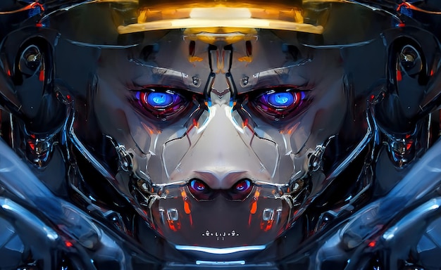 Robot cyborg umanoide viso cranio tecnologico cyborg testa Futuristico metallico fantascienza maschio Fantastica illustrazione 3d
