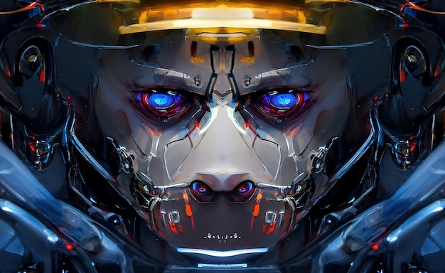 Robot cyborg umanoide viso cranio tecnologico cyborg testa Futuristico metallico fantascienza maschio Fantastica illustrazione 3d