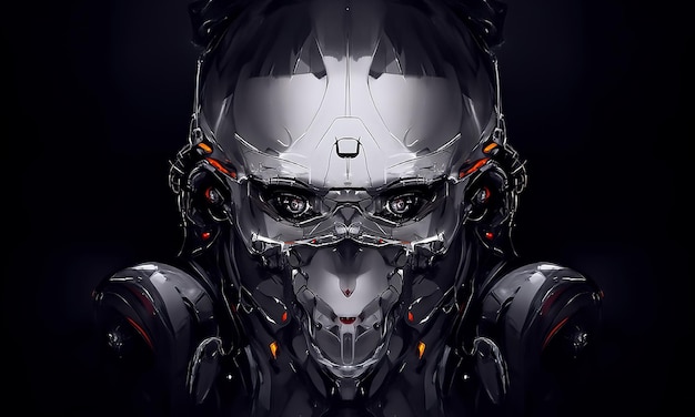 Robot cyborg umanoide viso cranio tecnologico cyborg testa Futuristico metallico fantascienza maschio Fantastica illustrazione 3d