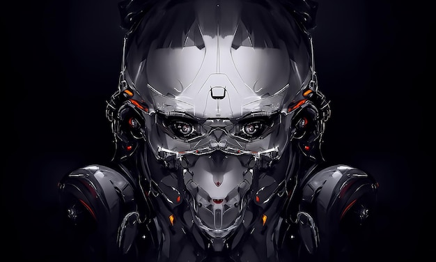 Robot cyborg umanoide viso cranio tecnologico cyborg testa Futuristico metallico fantascienza maschio Fantastica illustrazione 3d