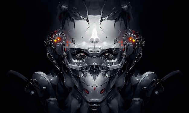 Robot cyborg umanoide viso cranio tecnologico cyborg testa Futuristico metallico fantascienza maschio Fantastica illustrazione 3d