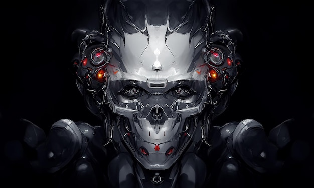 Robot cyborg umanoide viso cranio tecnologico cyborg testa Futuristico metallico fantascienza maschio Fantastica illustrazione 3d