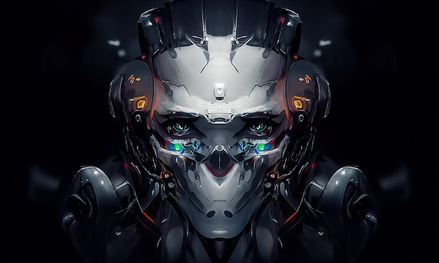 Robot cyborg umanoide viso cranio tecnologico cyborg testa Futuristico metallico fantascienza maschio Fantastica illustrazione 3d