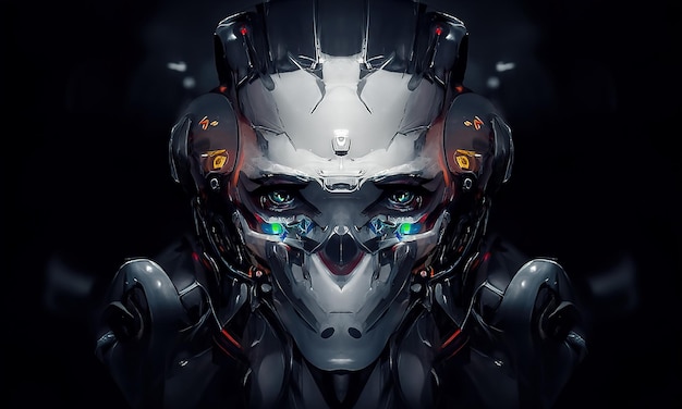 Robot cyborg umanoide viso cranio tecnologico cyborg testa Futuristico metallico fantascienza maschio Fantastica illustrazione 3d