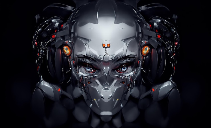 Photo robot cyborg wajah humanoid tengkorak cyborg teknologi kepala futuristik fiksi ilmiah metalik pria ilustrasi 3d fantastis