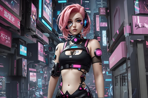 Robot da donna e capelli rosa in stile cyberpunk