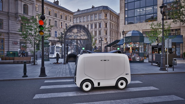 Robot di consegna autonomo senza conducente su strada Concetto di tecnologia del veicolo intelligente Rendering 3d