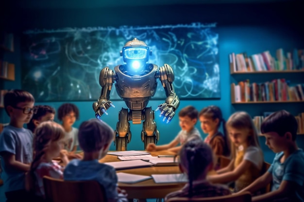 Robot di intelligenza artificiale AI o cyborg insegnante con bambino studente scolastico