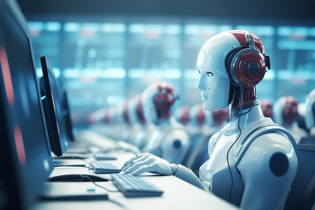 Robot di intelligenza artificiale che lavora al computer in ufficio squadra IT centro di supporto umanoide lavoratore futuristico lavoro al call center