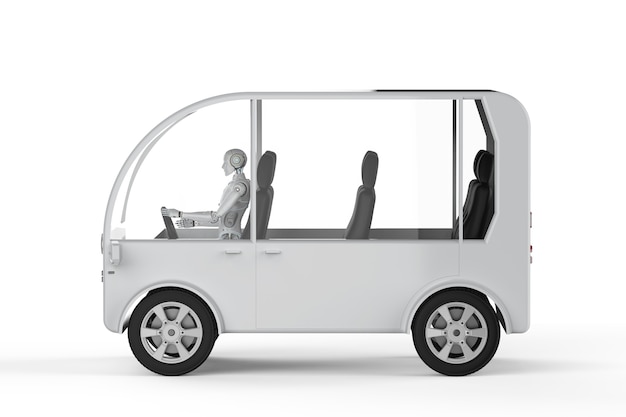 Robot di rendering 3D alla guida di un mini bus su sfondo bianco