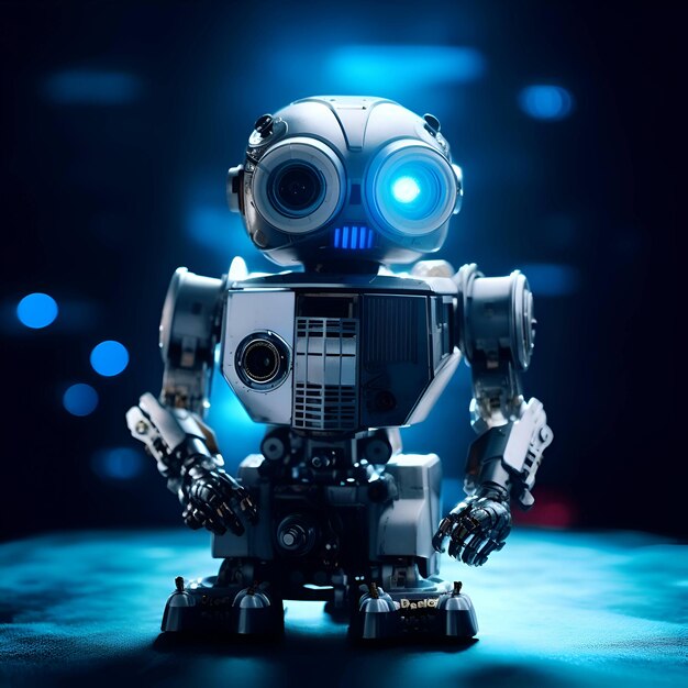 Robot di rendering 3D su sfondo scuro con luci bokeh