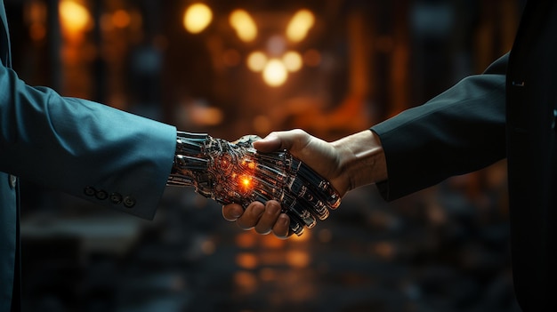 Robot digitale stretta di mano mano umana Generativo Ai