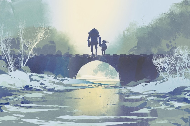 robot e bambina in piedi sul ponte in inverno, stile arte digitale, pittura illustrativa