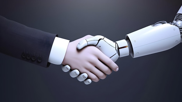 Robot e uomo d'affari nella stretta di mano Concetto di relazioni robot umane AI immagine generata