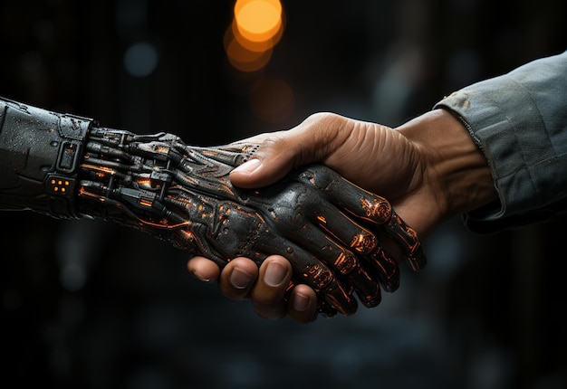 Robot e uomo si stringono la mano Sviluppo della tecnologia AI e relazioni robot umane realistiche