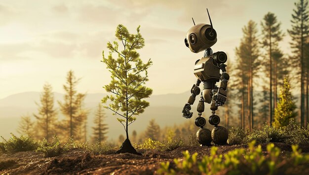 Robot esploratore accanto a un albero nella foresta Il concetto di conservazione e esplorazione della natura