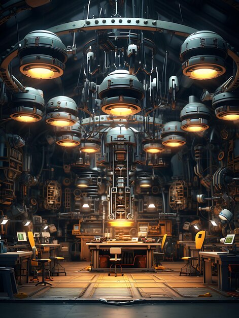 Robot Factory Room Metallic Color Theme Robot Assembly Line Creative Live Stream Idea di sfondo