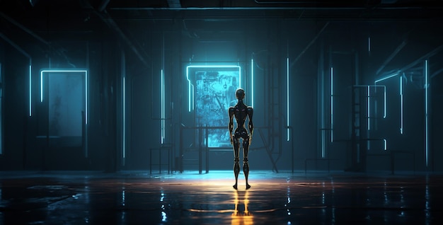 robot femminile astratto in piedi da solo nella carta da parati HD chiara della stanza buia