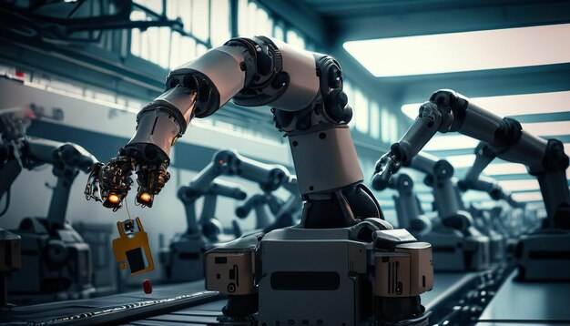 Robot futuristici di automazione di fabbrica in una locanda di tecnologia di ingegneria di precisione a movimento sincronizzato