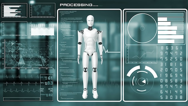 Robot futuristico, analisi e programmazione di big data CGI di intelligenza artificiale