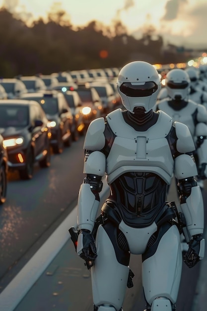 Robot futuristico che cammina lungo l'autostrada piena di traffico al tramonto Concept di AI nel pendolare quotidiano e